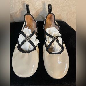 Tory Burch soft scrunch Cream Patent Flats with Black trim crisscross straps